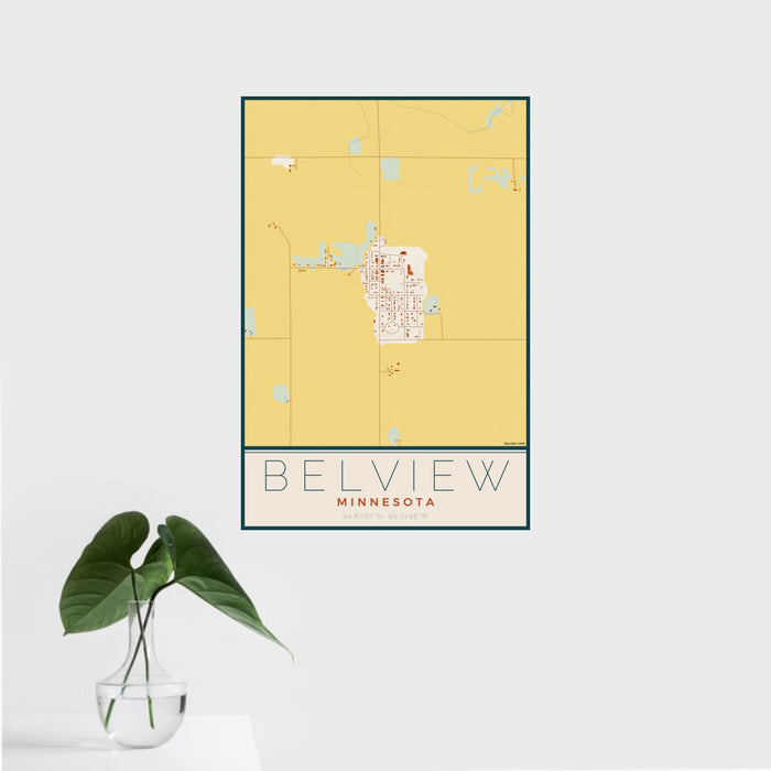 16x24 Belview Minnesota Map Print Portrait Orientation in Woodblock Style With Tropical Plant Leaves in Water