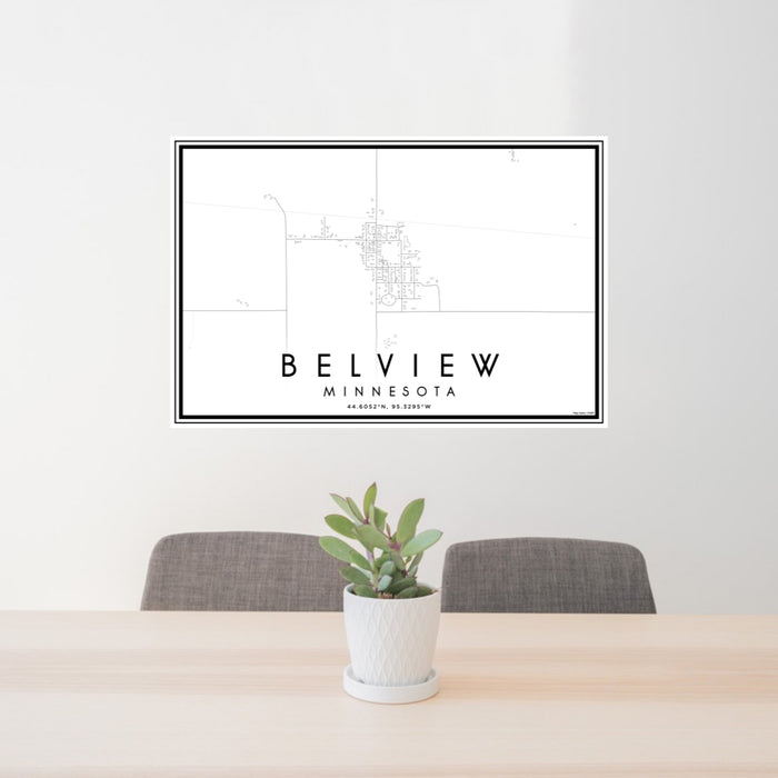 24x36 Belview Minnesota Map Print Lanscape Orientation in Classic Style Behind 2 Chairs Table and Potted Plant