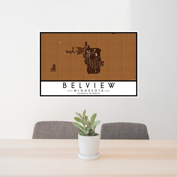 24x36 Belview Minnesota Map Print Lanscape Orientation in Ember Style Behind 2 Chairs Table and Potted Plant