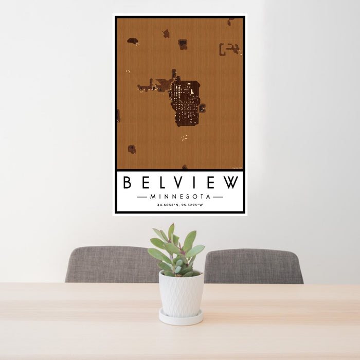 24x36 Belview Minnesota Map Print Portrait Orientation in Ember Style Behind 2 Chairs Table and Potted Plant