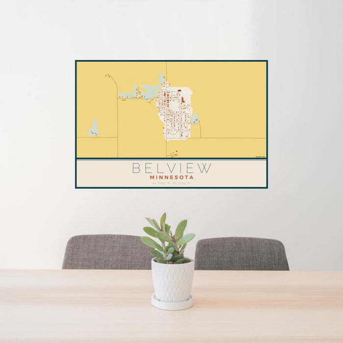 24x36 Belview Minnesota Map Print Lanscape Orientation in Woodblock Style Behind 2 Chairs Table and Potted Plant