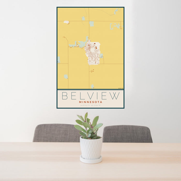 24x36 Belview Minnesota Map Print Portrait Orientation in Woodblock Style Behind 2 Chairs Table and Potted Plant