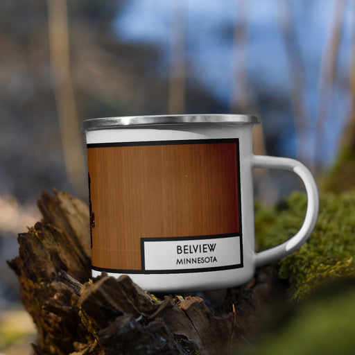 Right View Custom Belview Minnesota Map Enamel Mug in Ember on Grass With Trees in Background