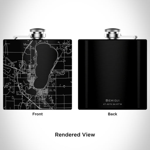 Rendered View of Bemidji Minnesota Map Engraving on 6oz Stainless Steel Flask in Black