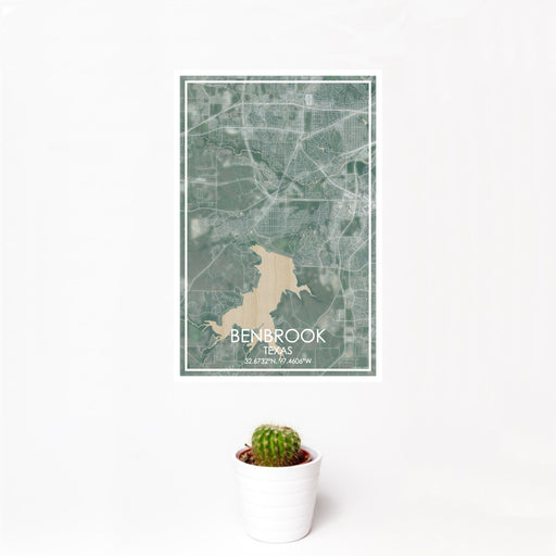 12x18 Benbrook Texas Map Print Portrait Orientation in Afternoon Style With Small Cactus Plant in White Planter