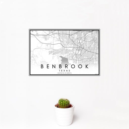 12x18 Benbrook Texas Map Print Landscape Orientation in Classic Style With Small Cactus Plant in White Planter