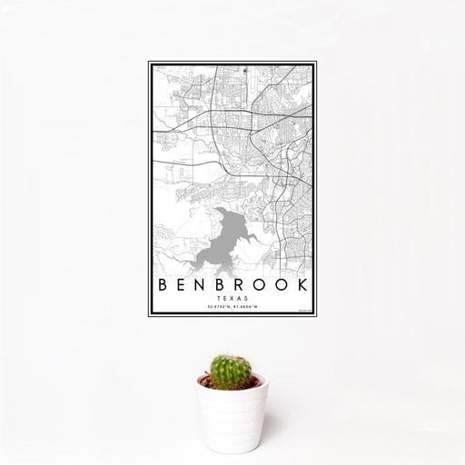 12x18 Benbrook Texas Map Print Portrait Orientation in Classic Style With Small Cactus Plant in White Planter