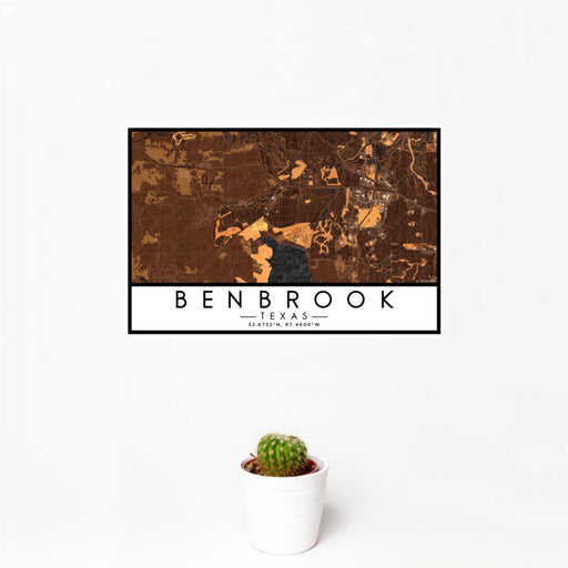 12x18 Benbrook Texas Map Print Landscape Orientation in Ember Style With Small Cactus Plant in White Planter