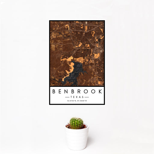 12x18 Benbrook Texas Map Print Portrait Orientation in Ember Style With Small Cactus Plant in White Planter