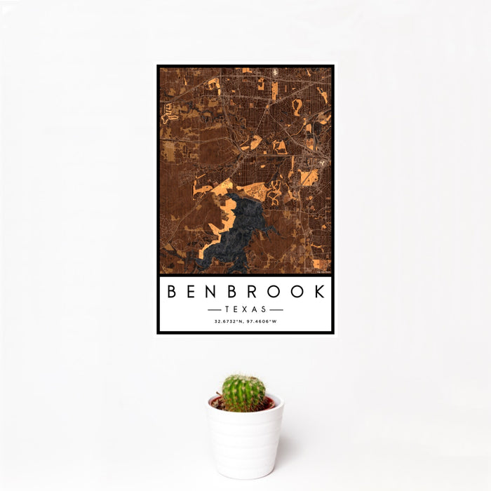 12x18 Benbrook Texas Map Print Portrait Orientation in Ember Style With Small Cactus Plant in White Planter