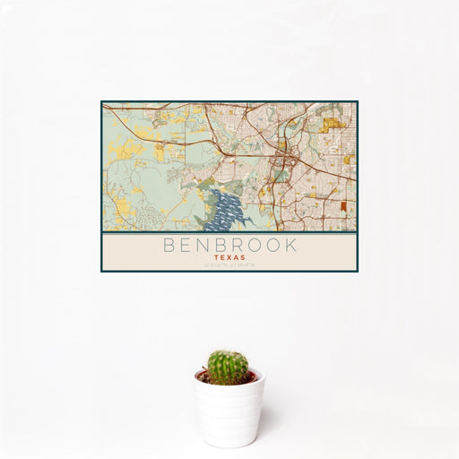 12x18 Benbrook Texas Map Print Landscape Orientation in Woodblock Style With Small Cactus Plant in White Planter