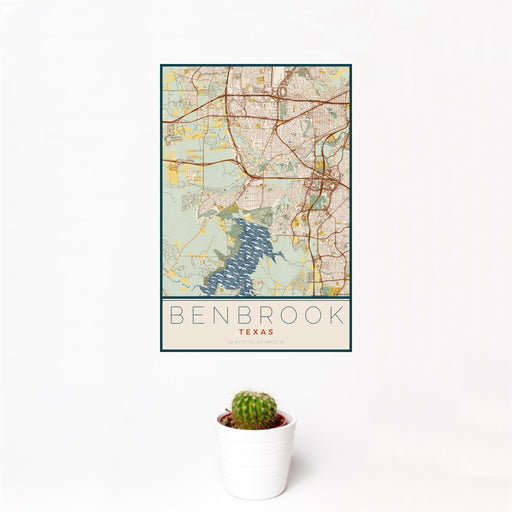 12x18 Benbrook Texas Map Print Portrait Orientation in Woodblock Style With Small Cactus Plant in White Planter