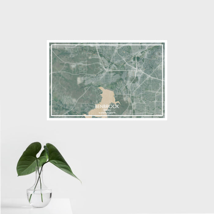 16x24 Benbrook Texas Map Print Landscape Orientation in Afternoon Style With Tropical Plant Leaves in Water