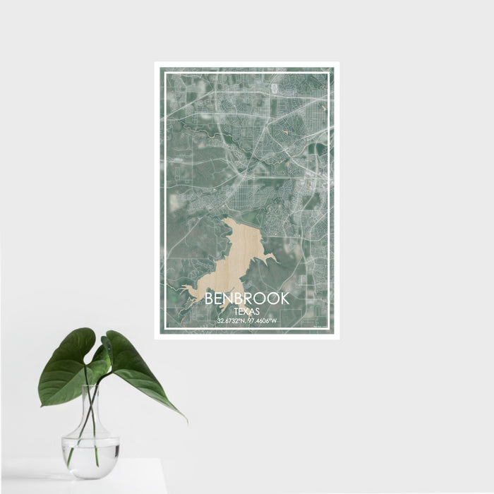 16x24 Benbrook Texas Map Print Portrait Orientation in Afternoon Style With Tropical Plant Leaves in Water
