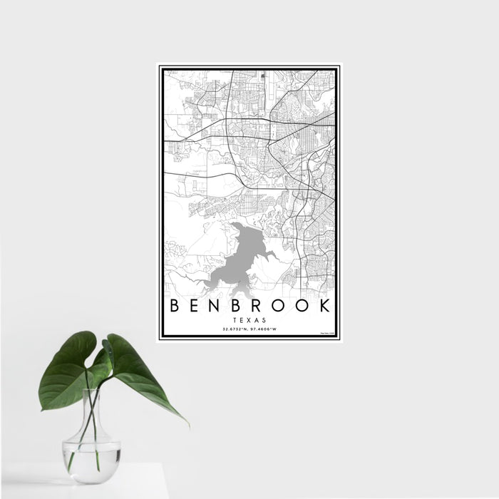 16x24 Benbrook Texas Map Print Portrait Orientation in Classic Style With Tropical Plant Leaves in Water