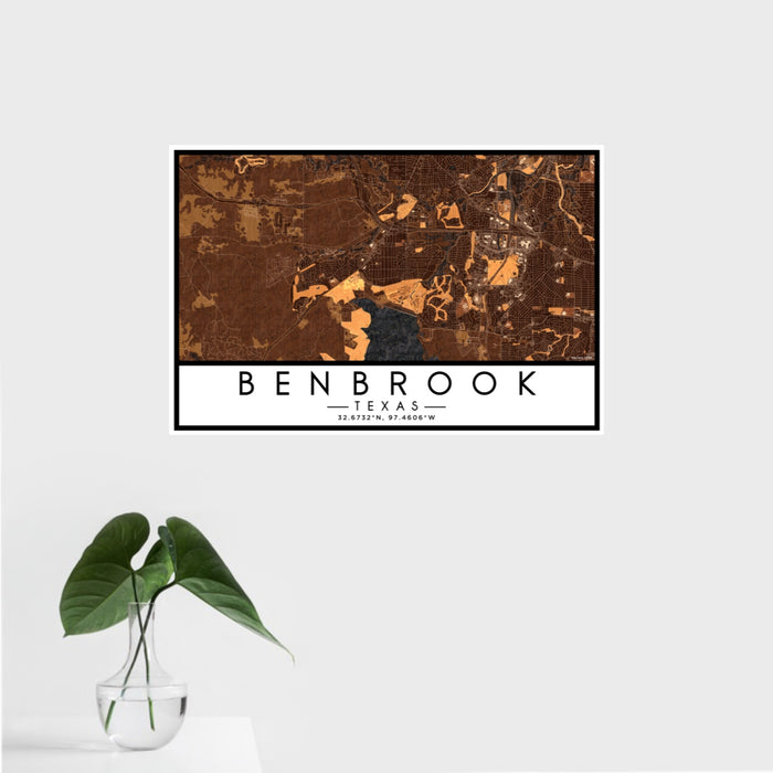 16x24 Benbrook Texas Map Print Landscape Orientation in Ember Style With Tropical Plant Leaves in Water