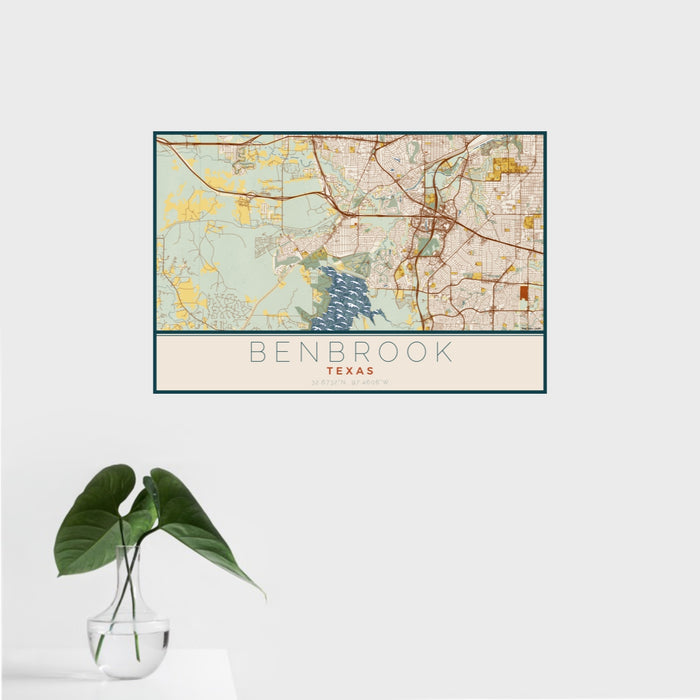 16x24 Benbrook Texas Map Print Landscape Orientation in Woodblock Style With Tropical Plant Leaves in Water