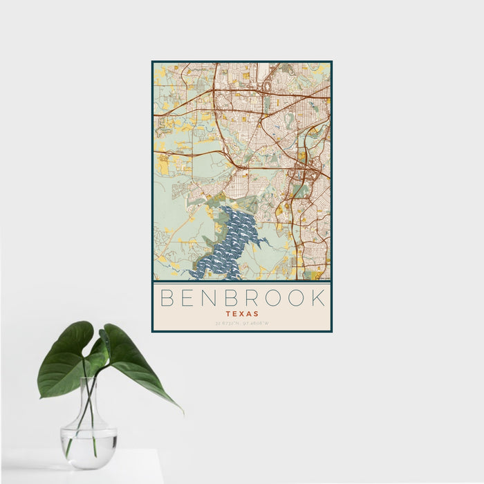 16x24 Benbrook Texas Map Print Portrait Orientation in Woodblock Style With Tropical Plant Leaves in Water