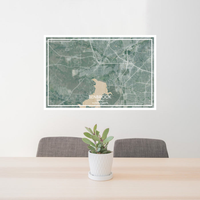 24x36 Benbrook Texas Map Print Lanscape Orientation in Afternoon Style Behind 2 Chairs Table and Potted Plant
