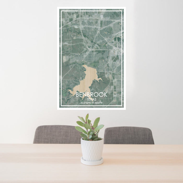 24x36 Benbrook Texas Map Print Portrait Orientation in Afternoon Style Behind 2 Chairs Table and Potted Plant
