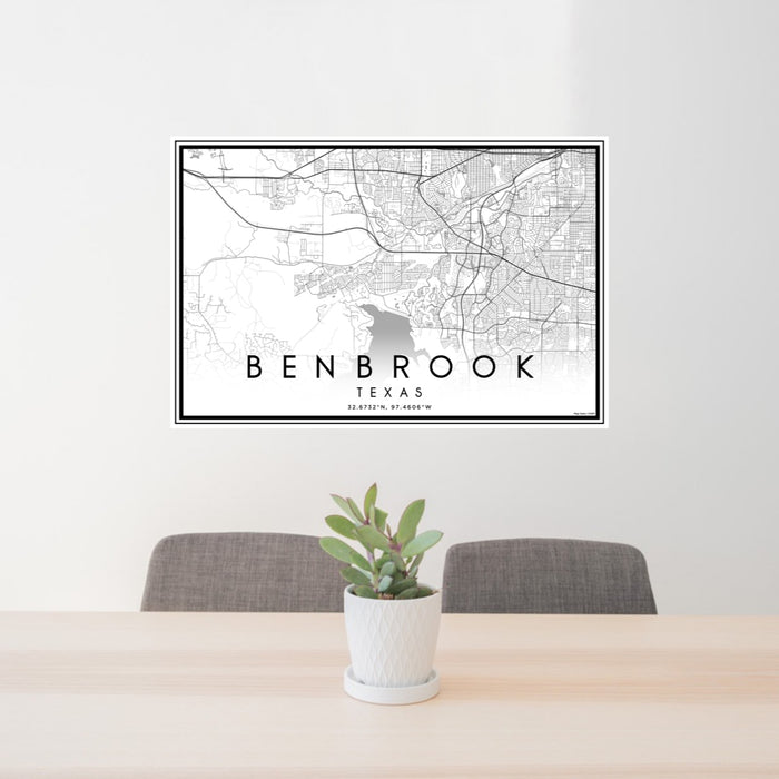 24x36 Benbrook Texas Map Print Lanscape Orientation in Classic Style Behind 2 Chairs Table and Potted Plant