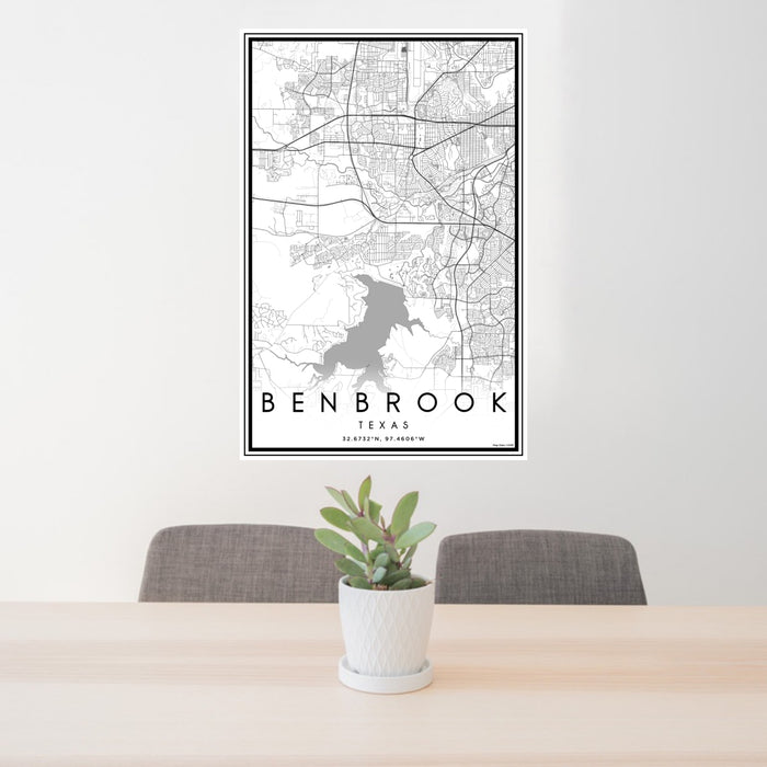 24x36 Benbrook Texas Map Print Portrait Orientation in Classic Style Behind 2 Chairs Table and Potted Plant