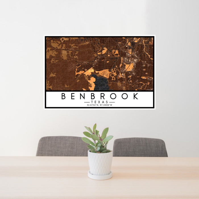 24x36 Benbrook Texas Map Print Lanscape Orientation in Ember Style Behind 2 Chairs Table and Potted Plant
