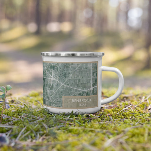Right View Custom Benbrook Texas Map Enamel Mug in Afternoon on Grass With Trees in Background