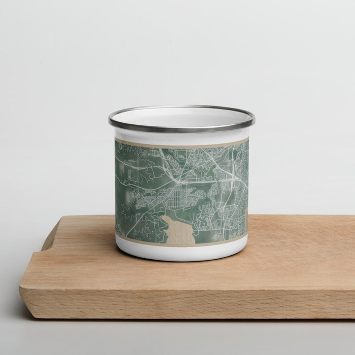 Front View Custom Benbrook Texas Map Enamel Mug in Afternoon on Cutting Board