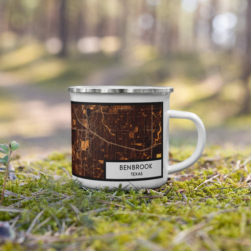 Right View Custom Benbrook Texas Map Enamel Mug in Ember on Grass With Trees in Background
