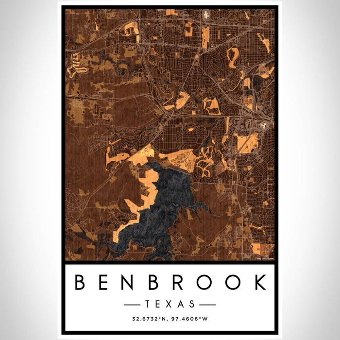 Benbrook Texas Map Print Portrait Orientation in Ember Style With Shaded Background