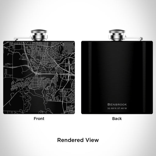Rendered View of Benbrook Texas Map Engraving on 6oz Stainless Steel Flask in Black