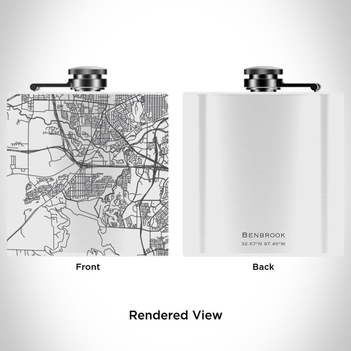 Rendered View of Benbrook Texas Map Engraving on 6oz Stainless Steel Flask in White