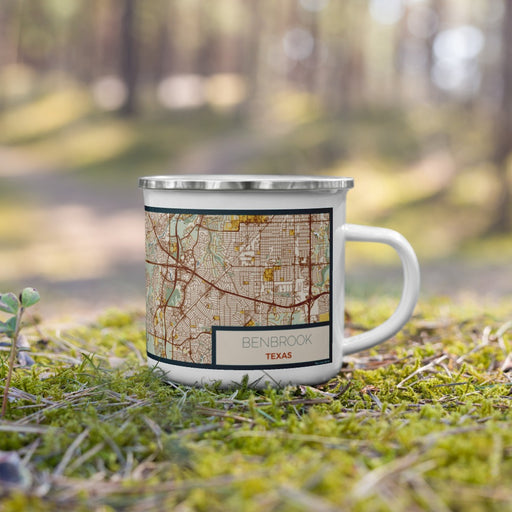 Right View Custom Benbrook Texas Map Enamel Mug in Woodblock on Grass With Trees in Background