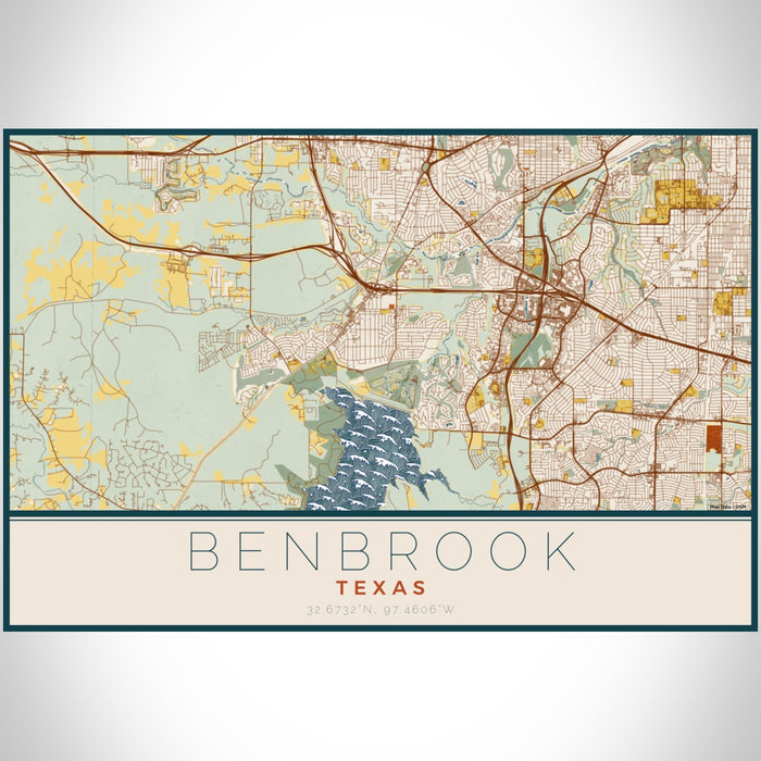 Benbrook Texas Map Print Landscape Orientation in Woodblock Style With Shaded Background
