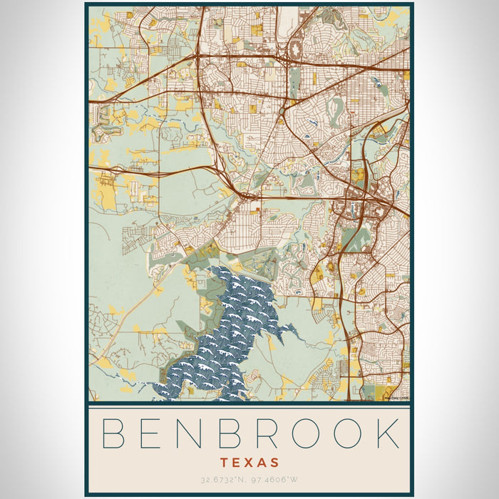 Benbrook Texas Map Print Portrait Orientation in Woodblock Style With Shaded Background