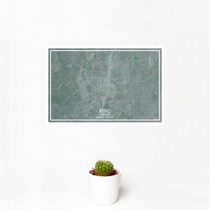 12x18 Bend Oregon Map Print Landscape Orientation in Afternoon Style With Small Cactus Plant in White Planter