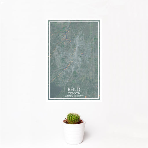 12x18 Bend Oregon Map Print Portrait Orientation in Afternoon Style With Small Cactus Plant in White Planter