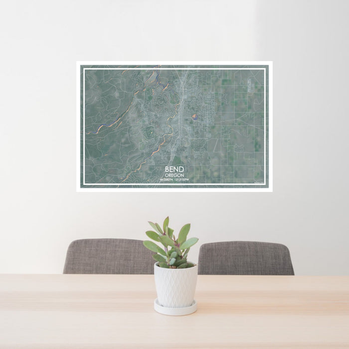 24x36 Bend Oregon Map Print Lanscape Orientation in Afternoon Style Behind 2 Chairs Table and Potted Plant
