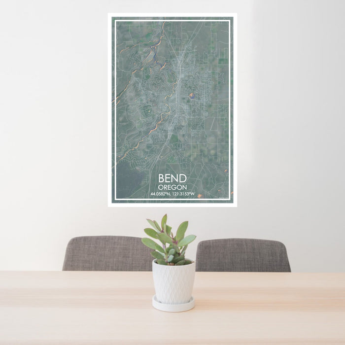 24x36 Bend Oregon Map Print Portrait Orientation in Afternoon Style Behind 2 Chairs Table and Potted Plant