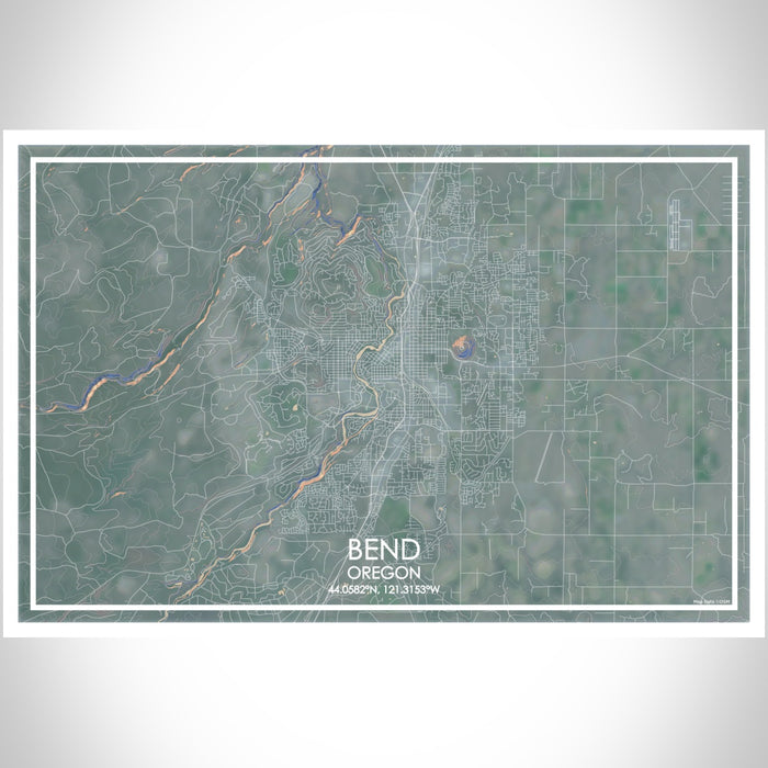 Bend Oregon Map Print Landscape Orientation in Afternoon Style With Shaded Background