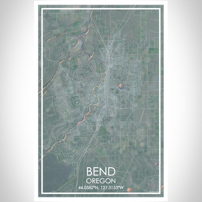 Bend Oregon Map Print Portrait Orientation in Afternoon Style With Shaded Background
