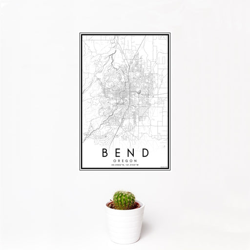 12x18 Bend Oregon Map Print Portrait Orientation in Classic Style With Small Cactus Plant in White Planter