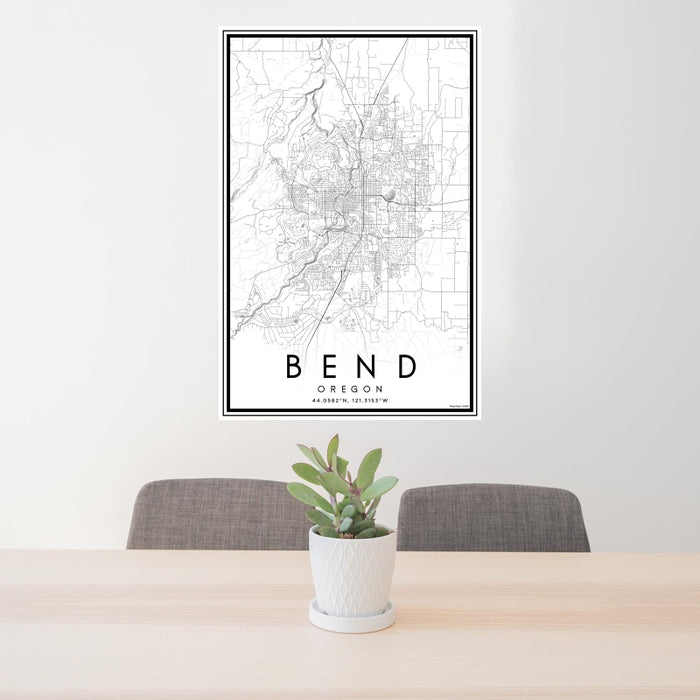 24x36 Bend Oregon Map Print Portrait Orientation in Classic Style Behind 2 Chairs Table and Potted Plant