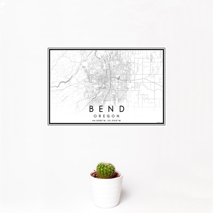 12x18 Bend Oregon Map Print Landscape Orientation in Classic Style With Small Cactus Plant in White Planter