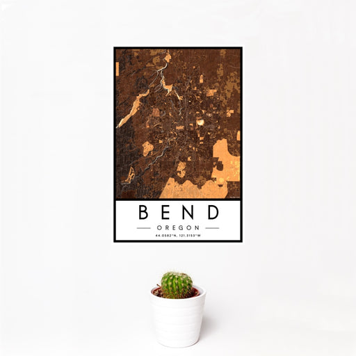 12x18 Bend Oregon Map Print Portrait Orientation in Ember Style With Small Cactus Plant in White Planter