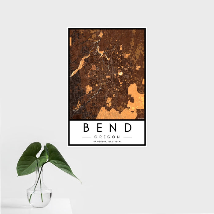 16x24 Bend Oregon Map Print Portrait Orientation in Ember Style With Tropical Plant Leaves in Water