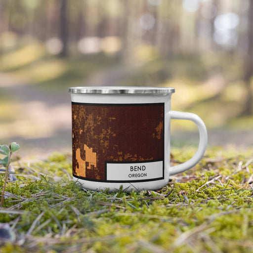 Right View Custom Bend Oregon Map Enamel Mug in Ember on Grass With Trees in Background
