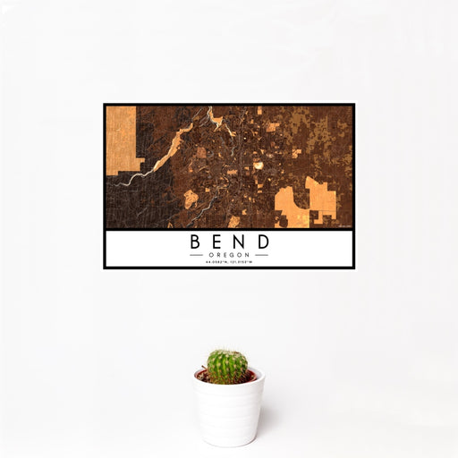 12x18 Bend Oregon Map Print Landscape Orientation in Ember Style With Small Cactus Plant in White Planter