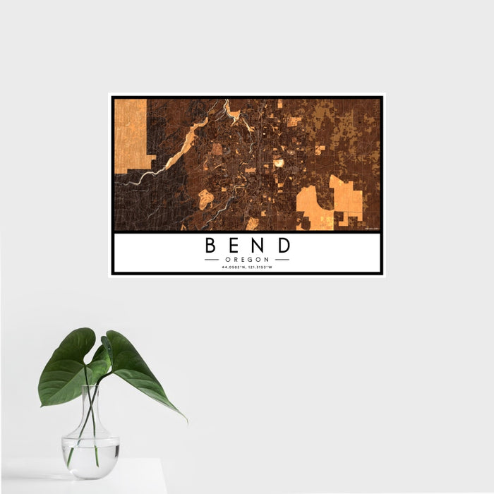 16x24 Bend Oregon Map Print Landscape Orientation in Ember Style With Tropical Plant Leaves in Water